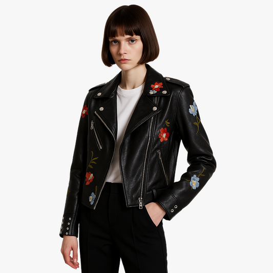 Veste en cuir biker brodée féminine élégante