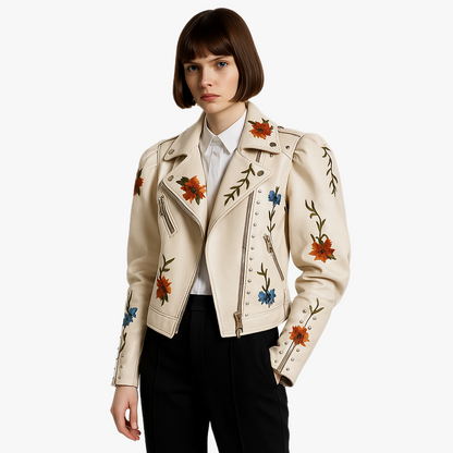 Veste en cuir biker brodée féminine élégante
