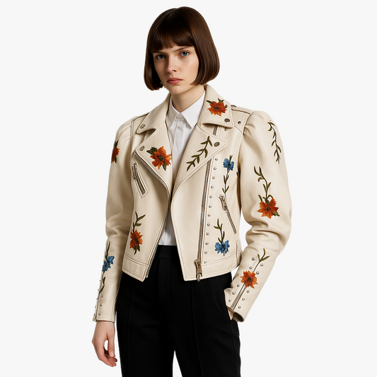 Veste en cuir biker brodée féminine élégante